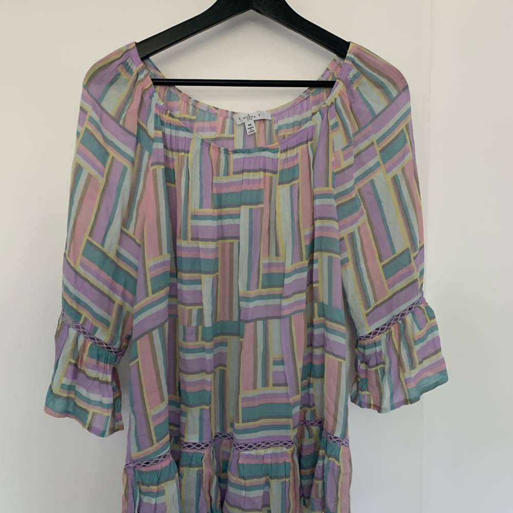 CAbi Pink and Green Ruffled 3/4 Sleeve Blouse